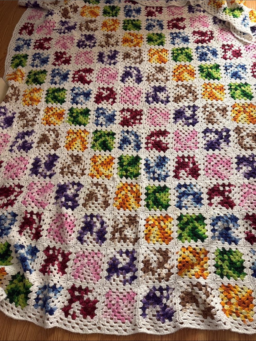Handmade Multicolor Crochet Granny Square Blanket with White Border